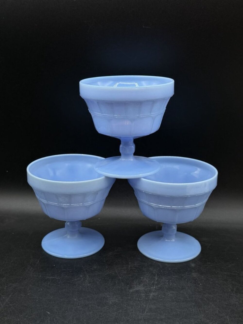Jeannette Delphite Blue Glass Pedestal Sherbet Glasses Set Of 3 Vintage